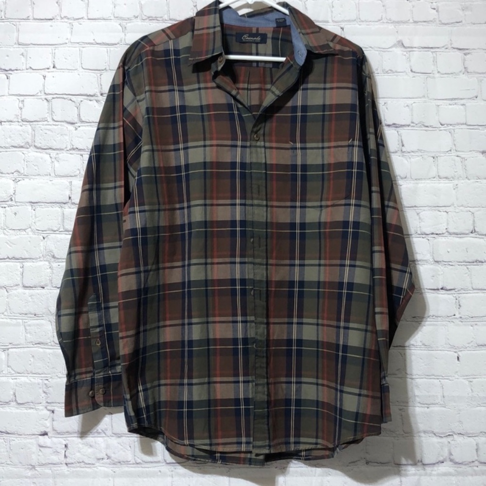 Roundtree & Yorke Green and Brown Casual Button Down Shirt